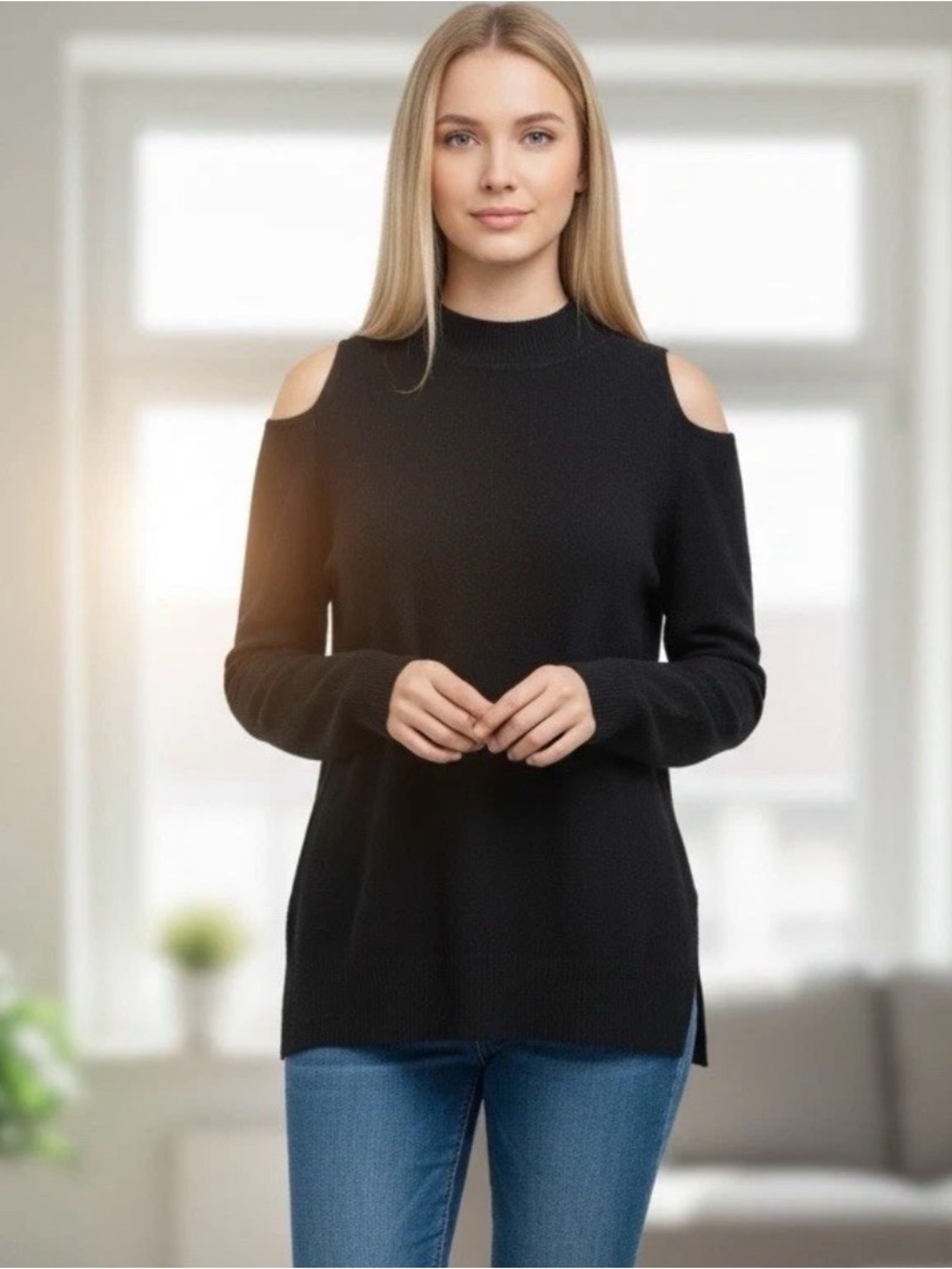 Kensie Black Cold-Shoulder Mock Neck Sweater